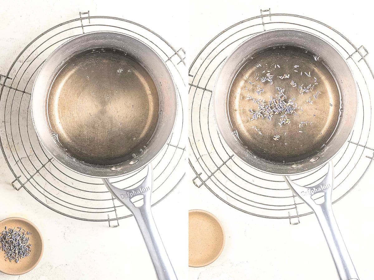 Two overhead images of a metal saucepan on a cooling rack; the left shows the empty pan, the right shows dried lavender buds scattered inside the pan. A small bowl sits nearby.