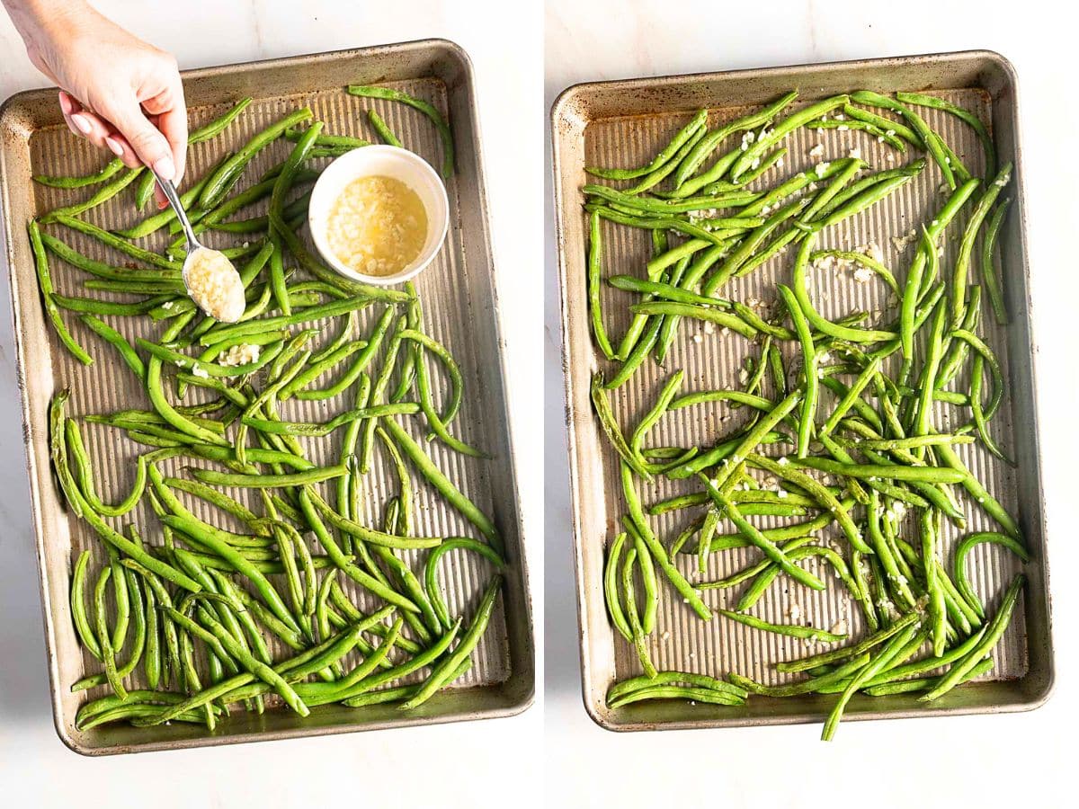 Two baking sheets with green beans; the left shows a hand spooning minced garlic over the beans, while the right shows the beans evenly spread and coated with garlic before roasting.