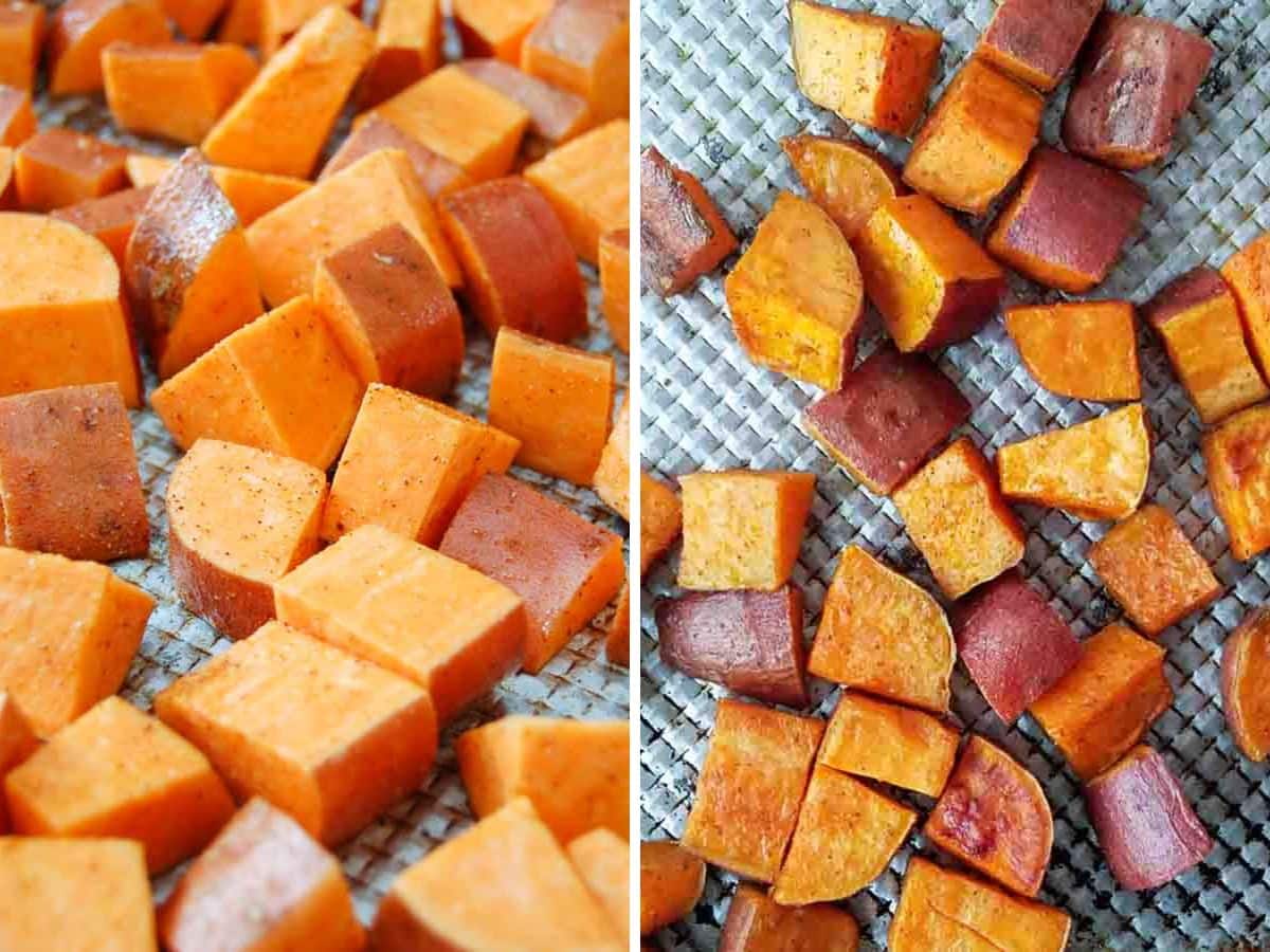 Two types of diced sweet potatoes, one with orange skin and one with reddish-purple skin, are spread out on a baking sheet before cooking.