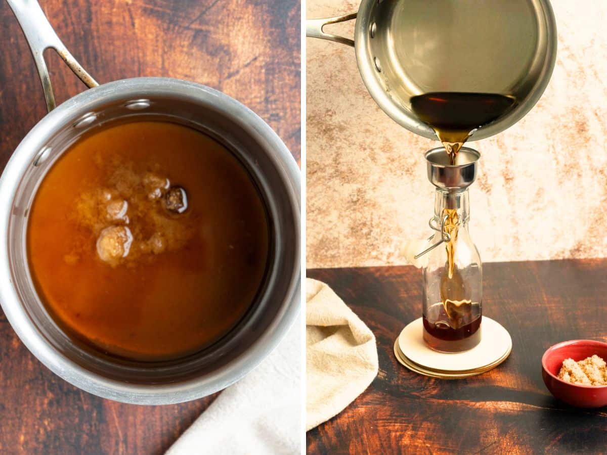 A saucepan with brown liquid on the left; on the right, the liquid is being poured through a funnel into a glass bottle, with a small bowl nearby.