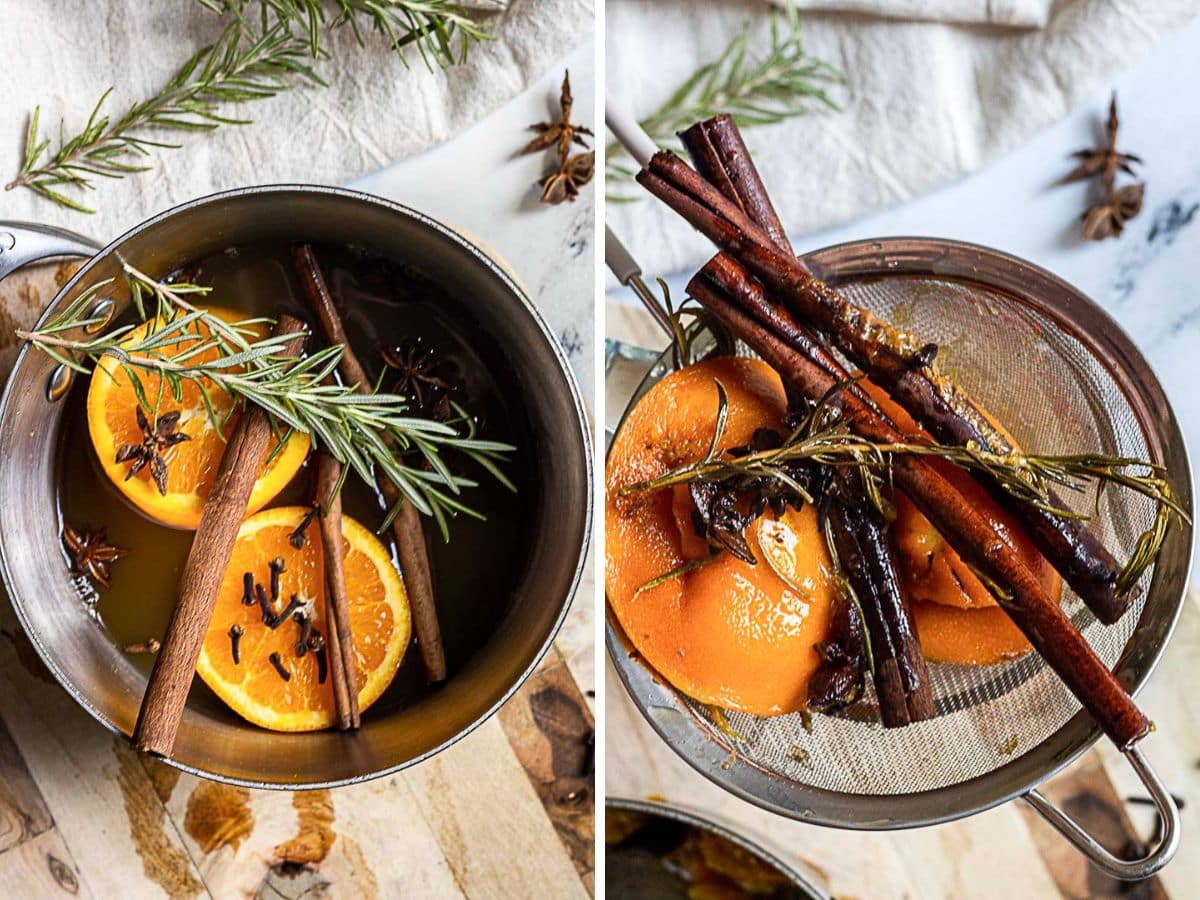 A saucepan with orange slices, cinnamon sticks, rosemary, star anise, and cloves simmers to create fragrant cider syrup, with a strainer holding the same ingredients after cooking.