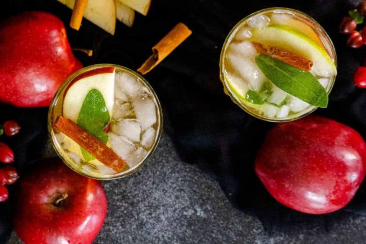 Top-down view of two cocktails with ice, apple slices, sage leaves, and cinnamon sticks-perfect for those seeking inventive savory apple ideas-surrounded by red apples, cinnamon sticks, and dark fabric.