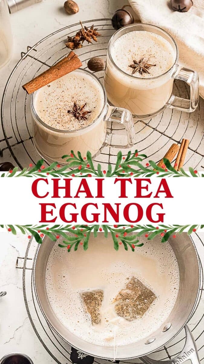 Two glass mugs of chai tea eggnog cocktail with cinnamon sticks and star anise on top, alongside a saucepan with steeping tea bags