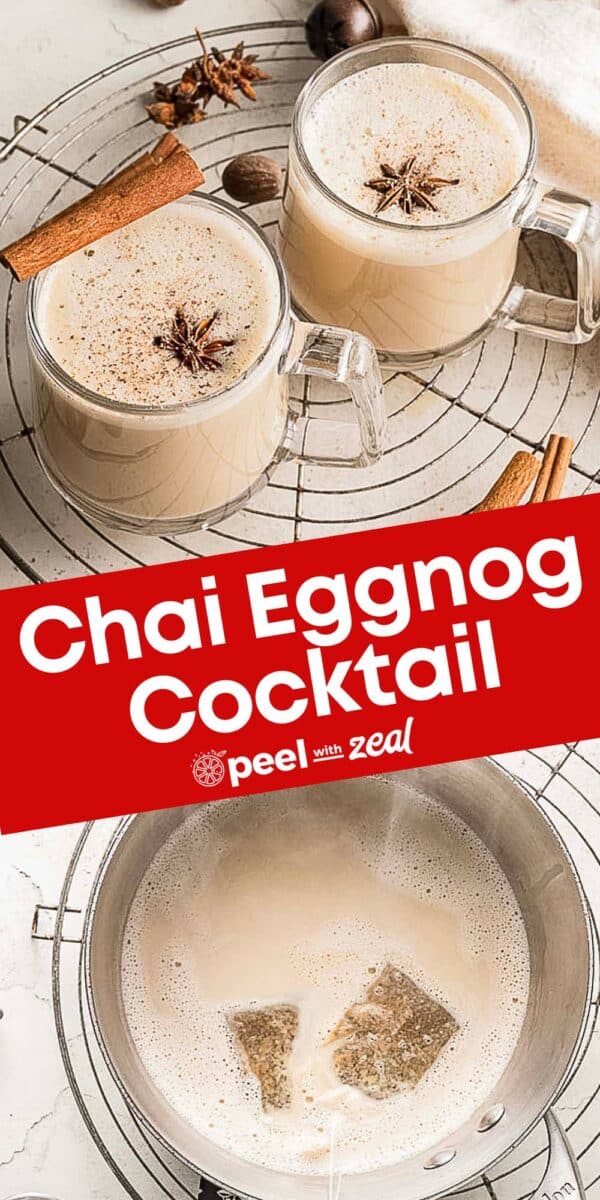 Two clear mugs of eggnog cocktail chai, topped with star anise and cinnamon sticks, sit on a wire rack; below, a pot with two tea bags steeps on the stove.