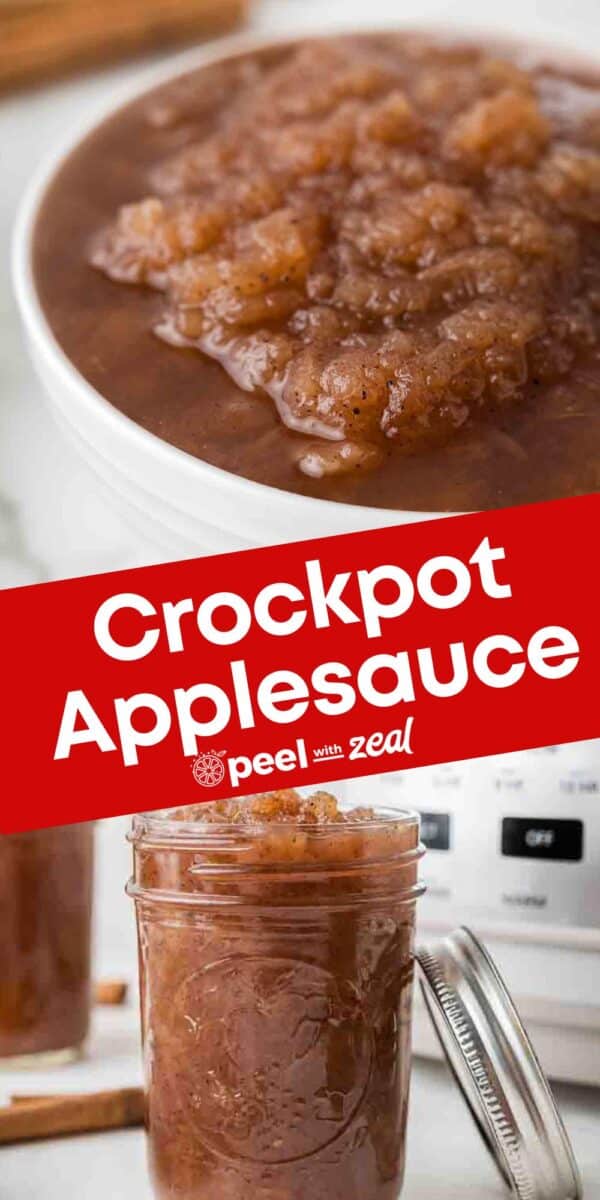 Bowl and jar of homemade slow cooker applesauce, filled with visible apple chunks and cinnamon, shown beside a crockpot. Text overlay reads "Crockpot Applesauce.