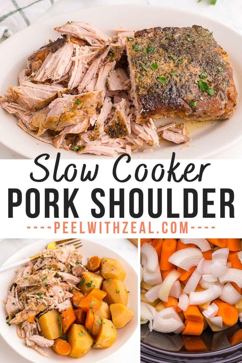 A plate of cooked slow cooker pork roast, a slow cooker with chopped onions and carrots, and a bowl of pork with potatoes and vegetables.