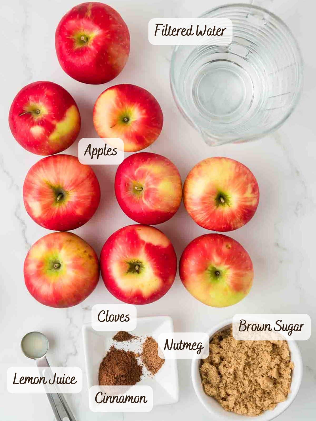 Overhead view of apples, a glass of filtered water, brown sugar, lemon juice, ground cinnamon, cloves, and nutmeg-everything you need to make delicious slow cooker applesauce-arranged on a white surface.