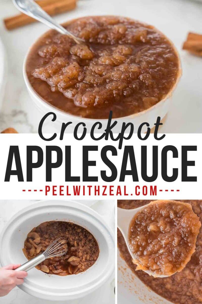 Slow cooker applesauce served in a white bowl with a spoon, shown in a close-up. Features easy preparation in a slow cooker and includes the website text "peelwithzeal.com.
