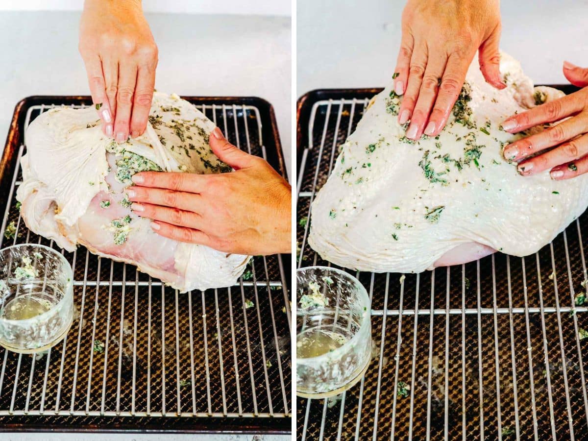 Two images side by side show hands rubbing herb butter under and over the skin of a raw turkey breast on a wire rack over a baking sheet.