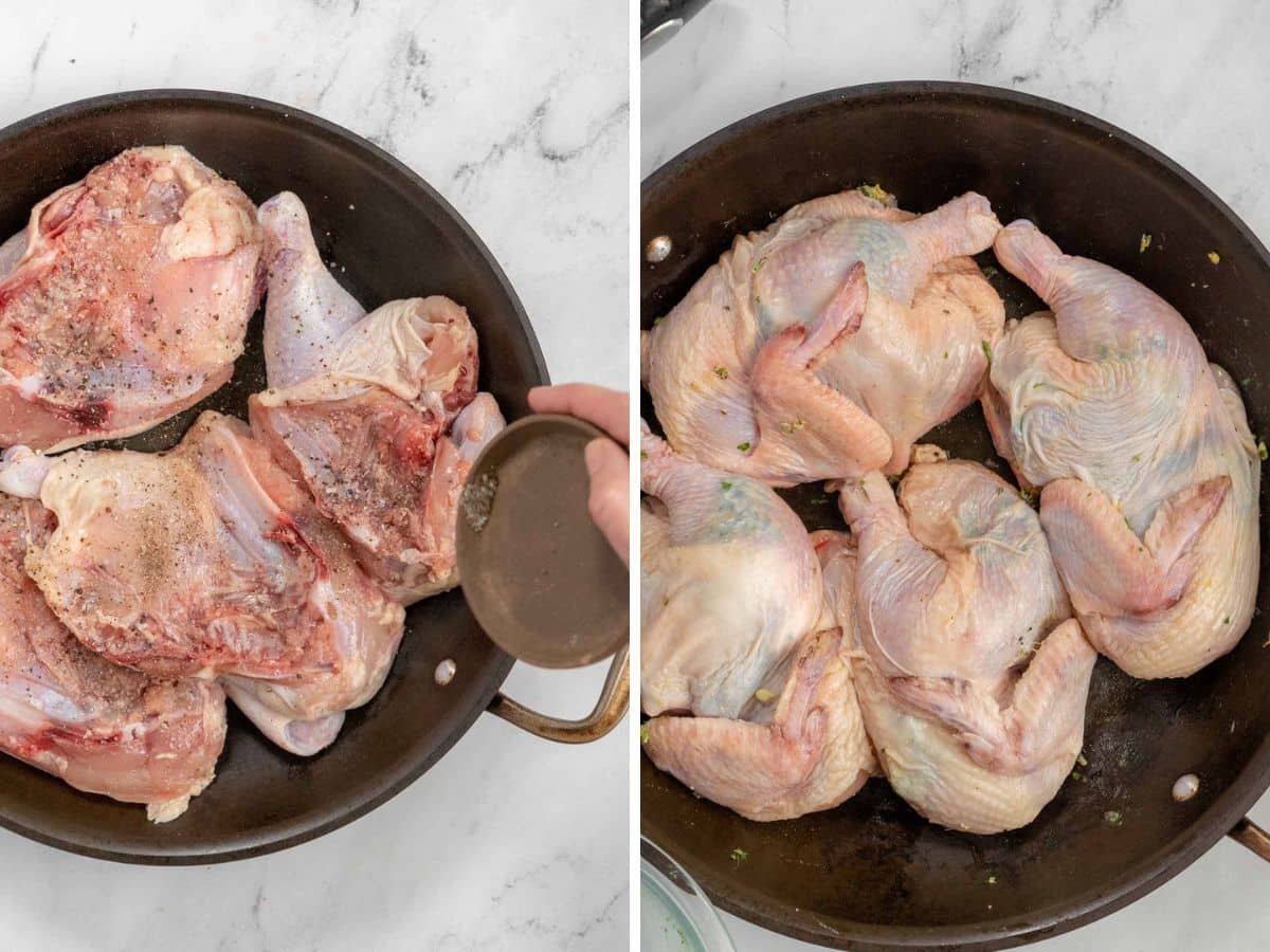Side-by-side images of raw hens pieces in a pan: left shows seasoning being sprinkled, right shows arranged, pieces with herbs under the skin ready to cook.