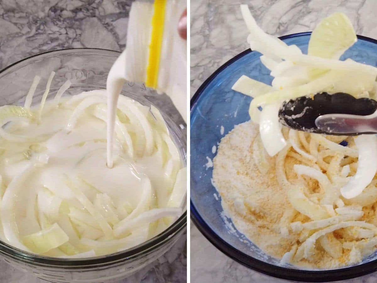 A bowl of sliced onions soaked in a white liquid on the left, and on the right, onions being coated in a yellow flour mixture with tongs.