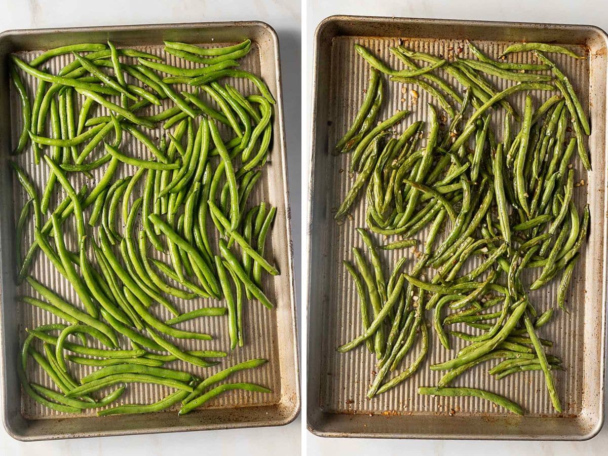 Side-by-side comparison of raw green beans on a baking sheet (left) and roasted green beans on a baking sheet (right).