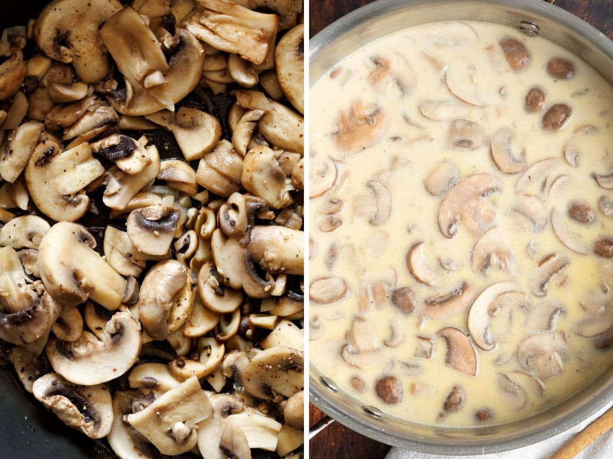 Sliced mushrooms shown in a pan on the left, and the same mushrooms in a creamy sauce in a skillet on the right.