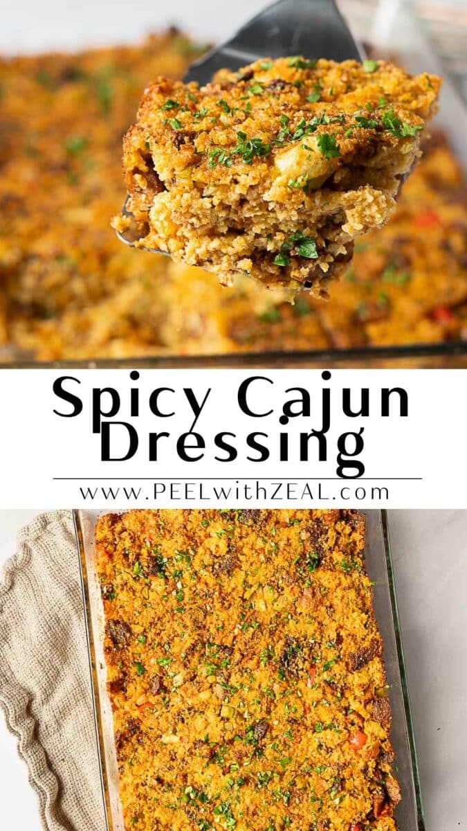 Baked spicy Cajun Cornbread Dressing topped with herbs, shown in a casserole dish with a serving spatula holding a hearty portion.