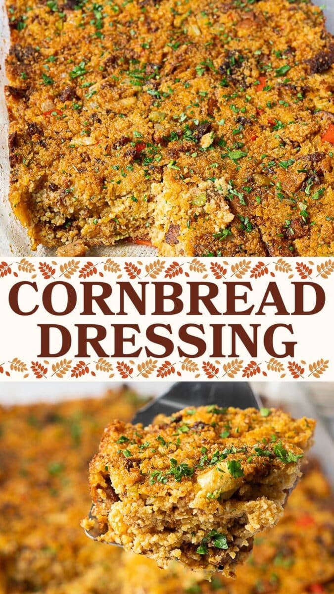 A baked dish of Cajun Cornbread Dressing topped with herbs, with a portion scooped out and shown on a serving utensil.