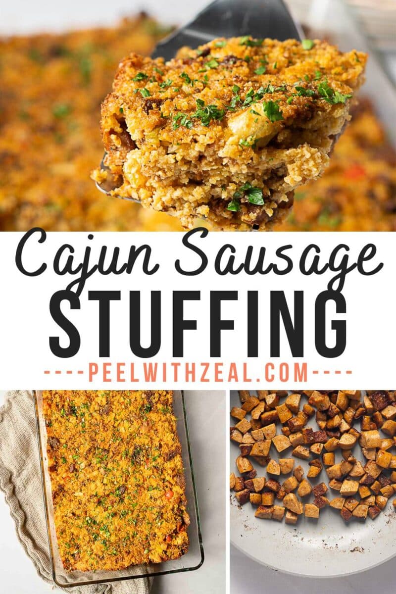 A baked Cajun cornbread dressing and sausage stuffing casserole is shown in a dish, a serving on a spatula, and diced sausage being sautéed in a pan. Text reads "Cajun Sausage Stuffing.