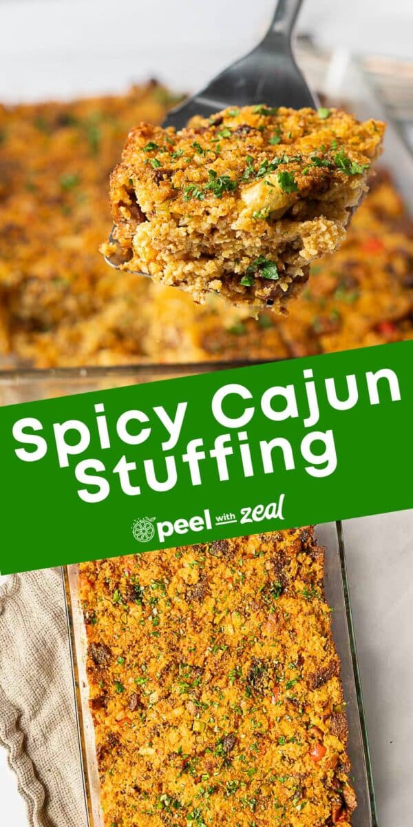 A close-up of a serving of spicy Cajun Cornbread Dressing being lifted from a baking dish, with the rest of the flavorful stuffing shown below.