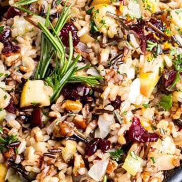 A close-up of wild rice pilaf mixed with chopped apples, dried cranberries, pecans, onions, and fresh herbs—an inviting gluten-free dish garnished with rosemary, perfect for your holiday table or Thanksgiving sides.