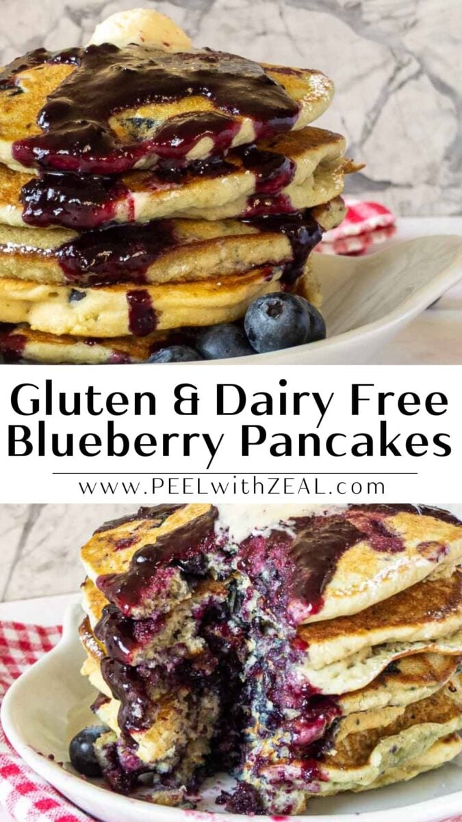 A stack of gluten and dairy free blueberry pancakes topped with blueberry sauce is shown on a plate with fresh blueberries. A partial stack with a section cut out reveals the pancake's interior. Text reads "Gluten & Dairy Free Blueberry Pancakes.