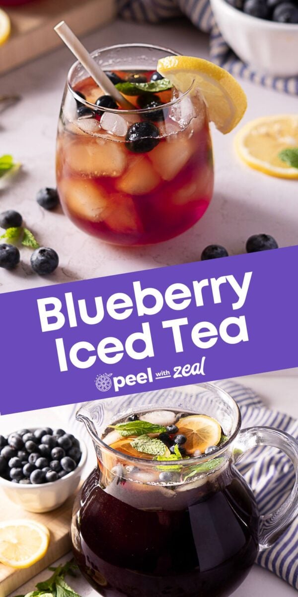 A glass and a pitcher of blueberry iced tea garnished with lemon slices, mint, and fresh blueberries. Ingredients such as lemon, blueberries, and mint are arranged around the drinks. Text reads "Blueberry Iced Tea.