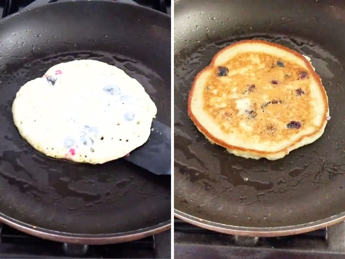Split image shows two pancakes cooking in a frying pan. The left side displays an uncooked blueberry pancake with bubbles forming, while the right side shows a cooked blueberry pancake that is golden brown.