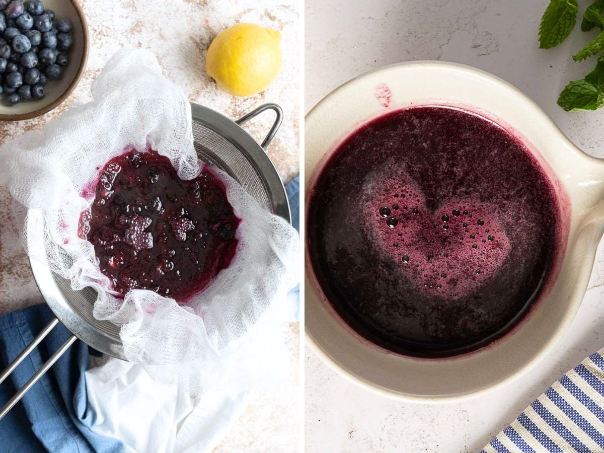 Two photos: Left, a mixture of mashed blueberries and liquid is being strained through cheesecloth in a sieve over a bowl. Right, the strained dark purple blueberry liquid sits in a mixing bowl. A lemon and blueberries are visible.
