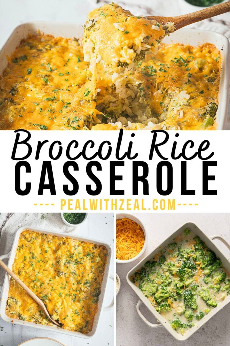 Top: A cheesy broccoli rice casserole being served from a baking dish. Bottom left: Baked broccoli rice casserole in a dish with a spoon. Bottom right: Unbaked casserole with visible broccoli.