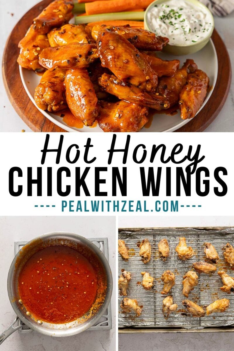 A plate of glazed chicken wings with carrot and celery sticks and a side of dip is shown above the text “Hot Honey Buffalo Wings.” Below, images show a pot of sauce and chicken wings baking on a wire rack.