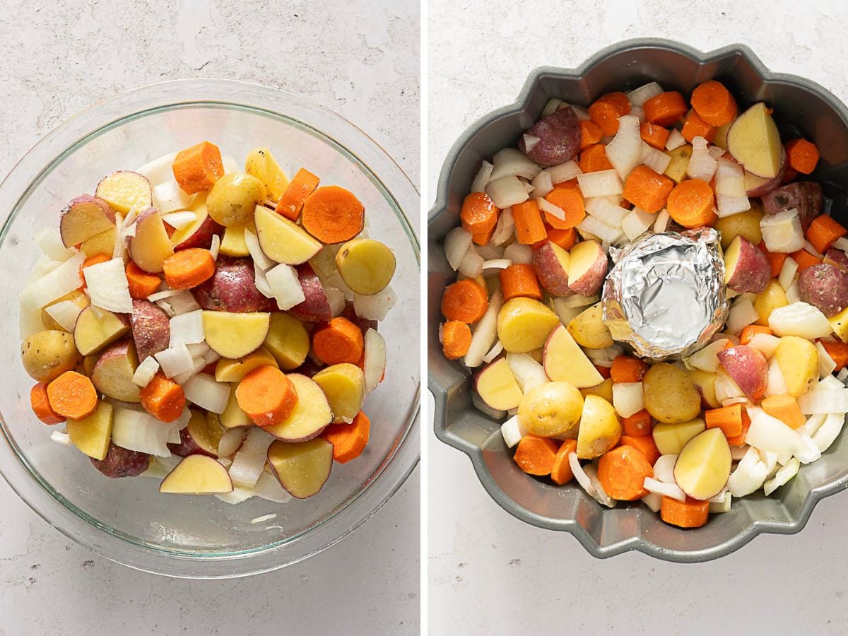 Chopped potatoes, carrots, and onions in a glass bowl on the left; on the right, these veggies are arranged around a bundt pan chicken with foil in the center.
