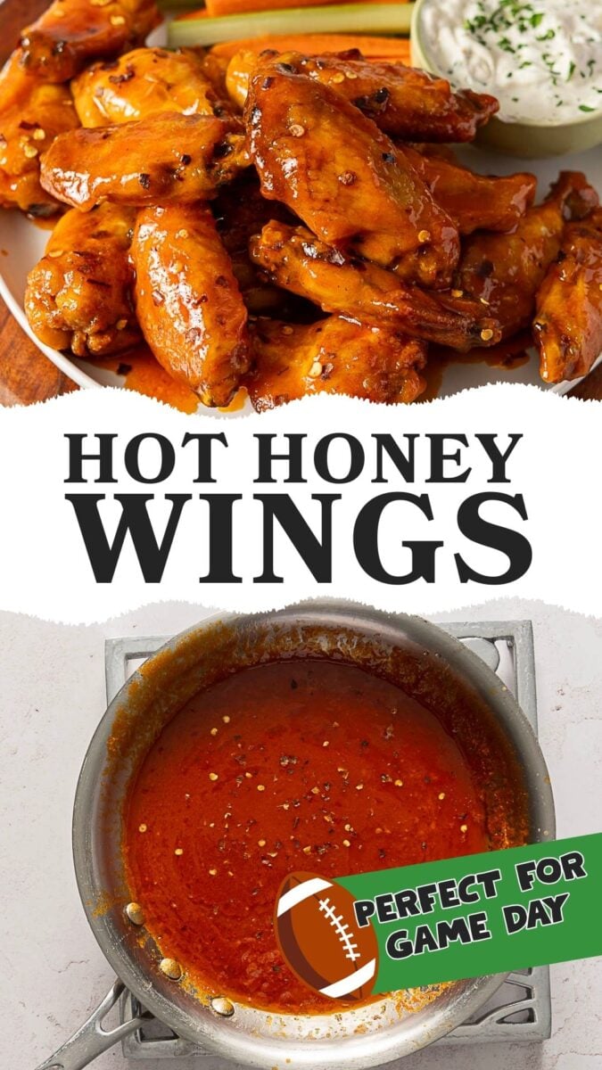 A plate of Hot Honey Buffalo Wings with celery, carrot sticks, and ranch dip sits above a pan of red sauce. Text reads “Hot Honey Wings” and “Perfect for Game Day” on a football-shaped graphic.
