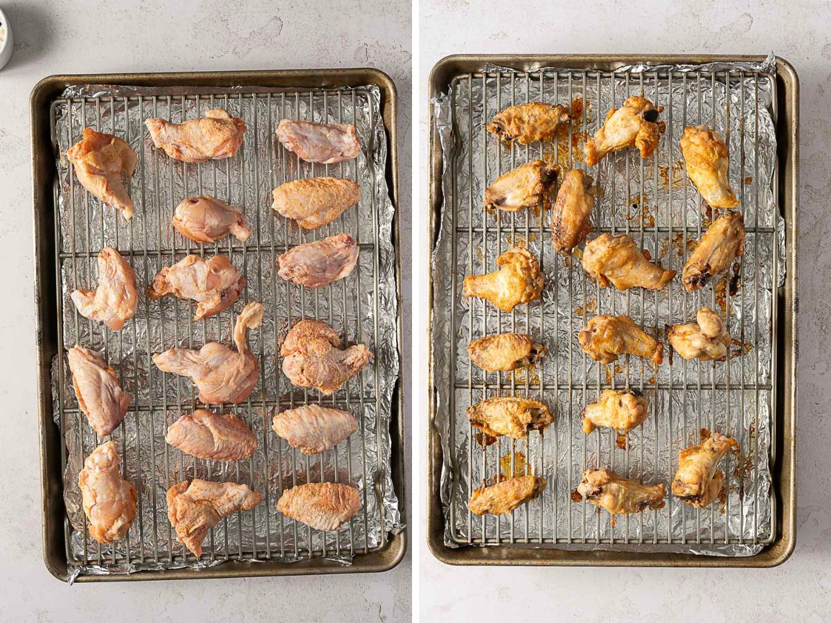 Side-by-side images of a baking sheet with a wire rack: on the left, raw hot honey wings spaced apart; on the right, the same wings cooked to a golden brown perfection.