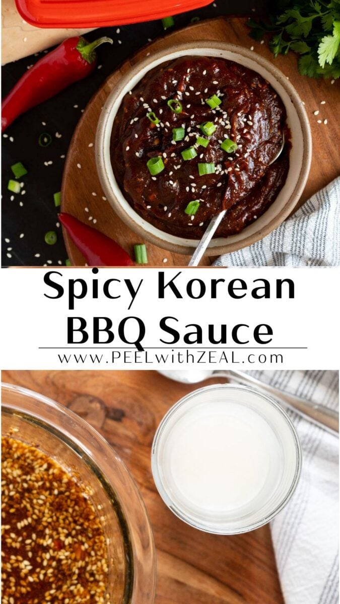 Two images of Korean BBQ sauce: one in a bowl garnished with green onions and sesame seeds, the other being mixed in a glass bowl. Text reads "Spicy Korean BBQ Sauce.