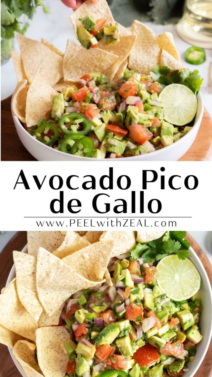 A bowl of avocado pico de gallo topped with fresh cilantro and sliced jalapeños, served with tortilla chips.