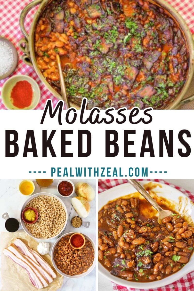 Collage showing a pot of molasses baked beans, the dish served on a plate, and ingredients including beans, spices, bacon, onion, ketchup, and brown sugar.