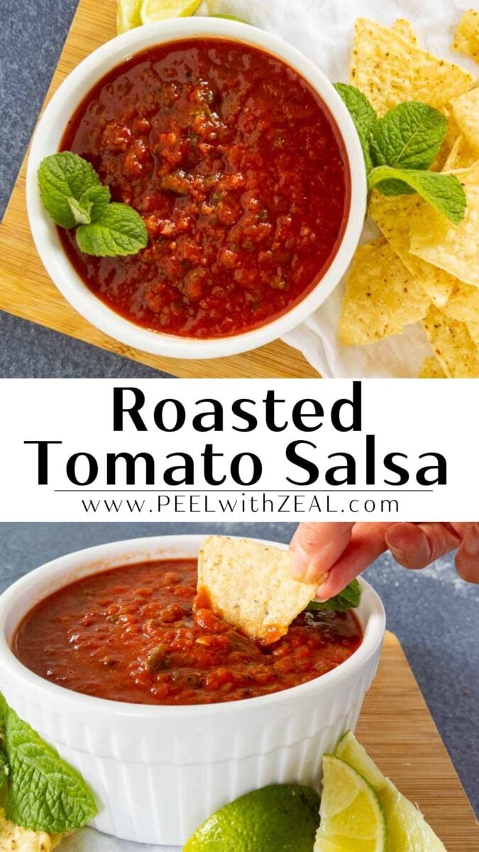 A bowl of roasted tomato salsa with tortilla chips, garnished with mint leaves and lime wedges, shown from above and being dipped into.