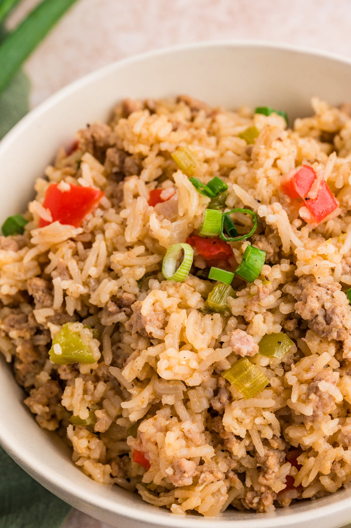 A bowl of Cajun Dirty Rice mixed with ground meat, chopped green onions, red bell peppers, and celery.