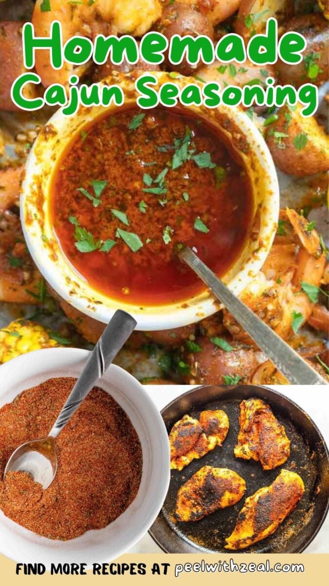 Three images show homemade Cajun seasoning: a bowl with spicy oil, a bowl of dry spice blend with a spoon, and chicken pieces coated in seasoning on a skillet.