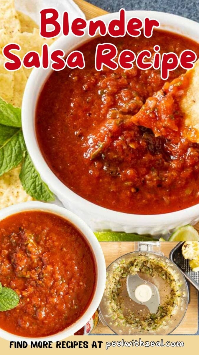 A bowl of red salsa next to tortilla chips, another bowl of salsa, and a food processor with salsa ingredients. Text reads "Blender Salsa Recipe.