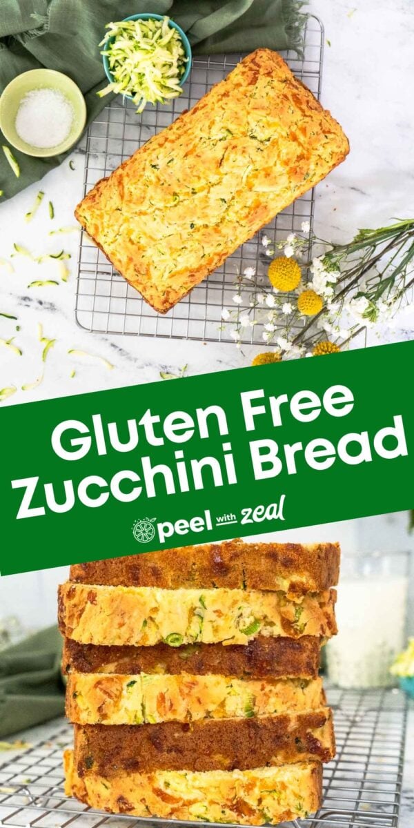 A loaf of gluten free zucchini bread sits on a cooling rack, with a bowl of shredded zucchini and a stack of sliced bread shown below. Text overlay reads "Gluten Free Zucchini Bread.