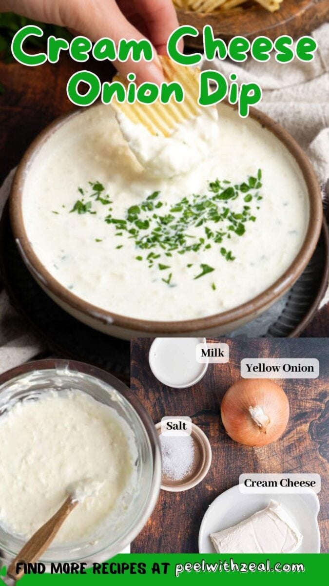 A bowl of cream cheese onion dip topped with chopped herbs, with a cracker being dipped. Ingredients of milk, yellow onion, salt, and cream cheese are shown separately.