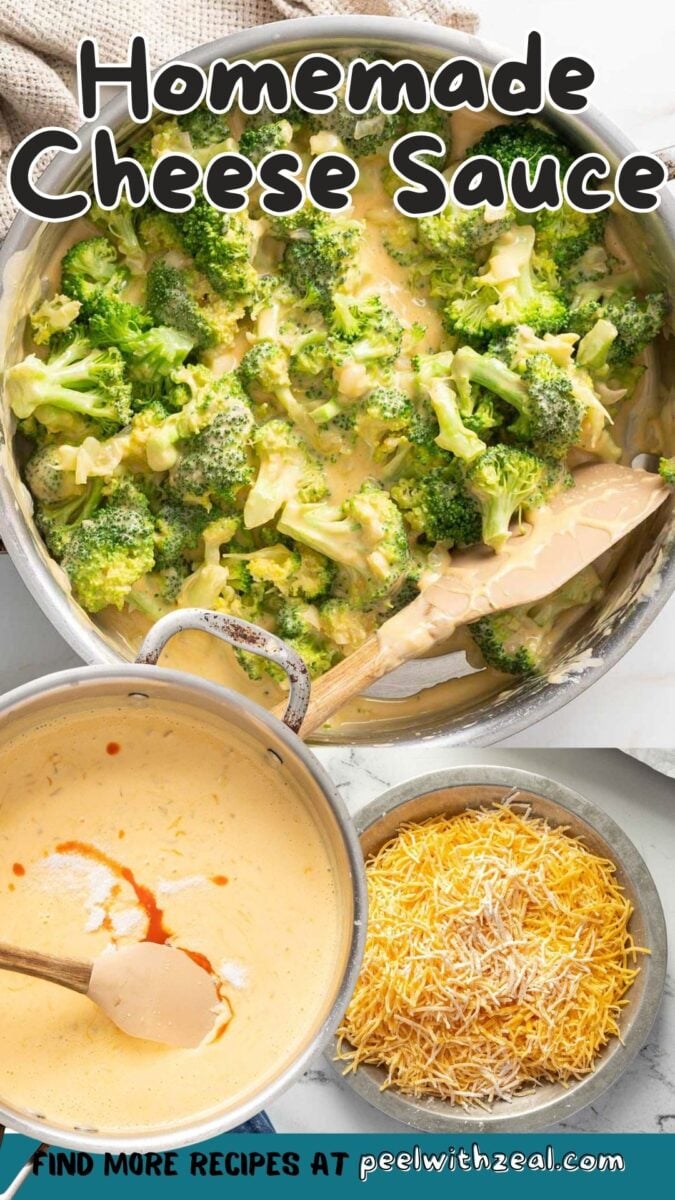 Overhead view of homemade cheese sauce in a pot with broccoli, a bowl of shredded cheese, and a bowl of cheese sauce with hot sauce, shown on a white background.