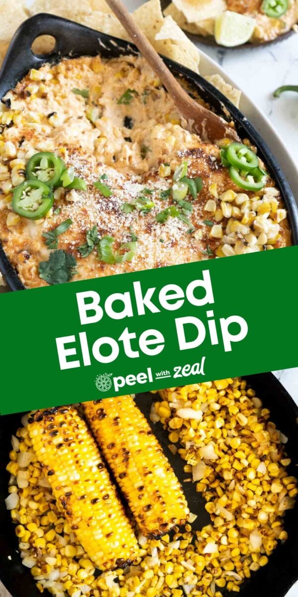 A skillet of baked elote dip topped with jalapeños, cilantro, and corn, next to grilled corn on the cob and tortilla chips.