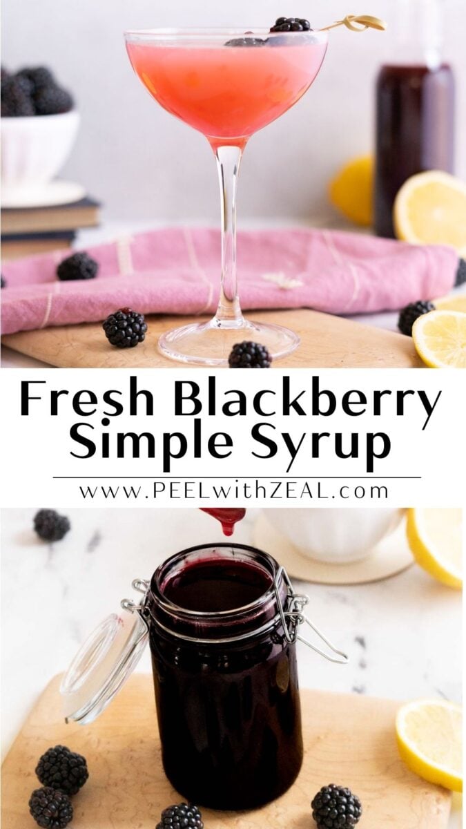 A pink blackberry cocktail in a coupe glass garnished with blackberries, and an open jar of dark blackberry syrup surrounded by blackberries and lemon slices.