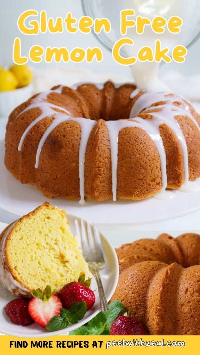 Bundt-shaped gluten free lemon cake with white icing on top, sliced to show interior, served with strawberries and mint on the side.