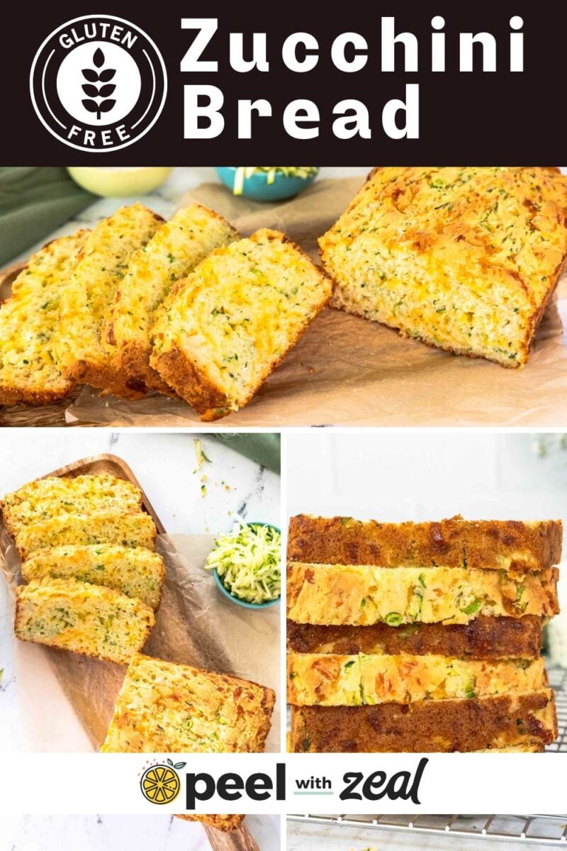A loaf of gluten-free zucchini bread, sliced and displayed on parchment paper, with grated zucchini and branding reading "peel with zeal.
