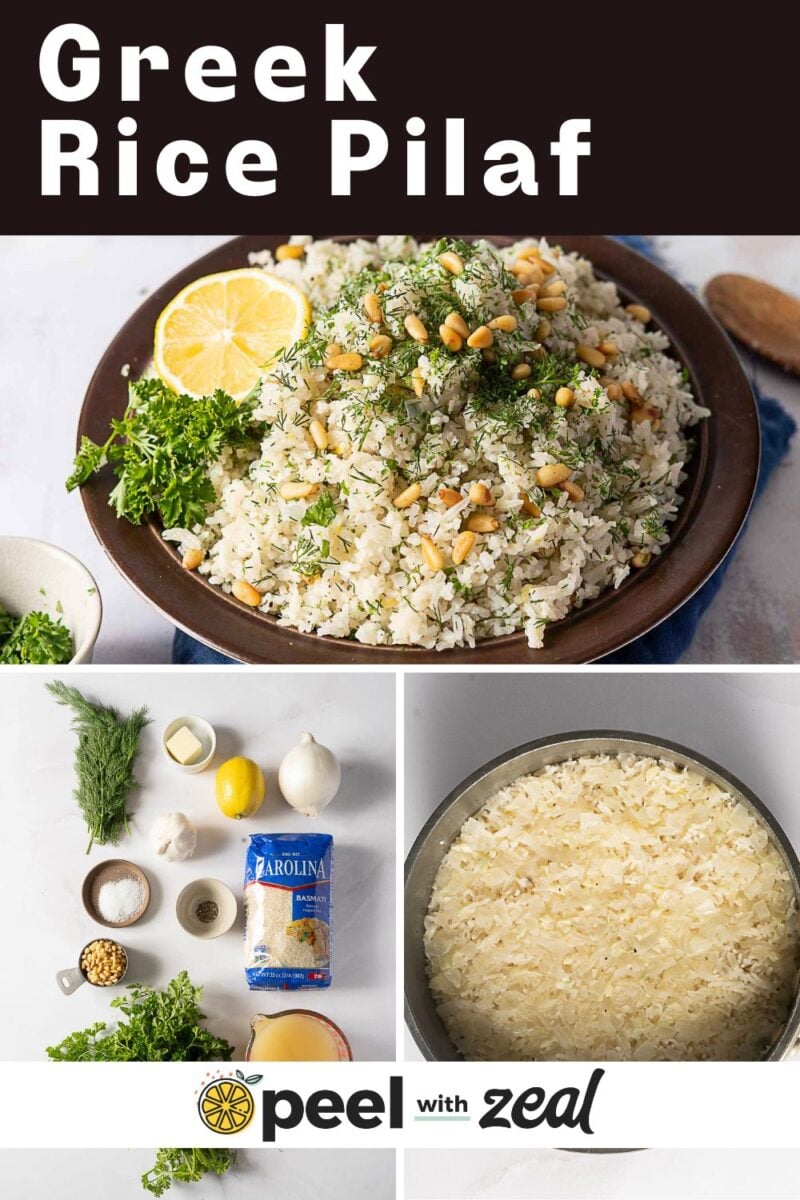 A bowl of Greek rice pilaf garnished with herbs and lemon, ingredients laid out on a table, and cooked rice shown in a pot.