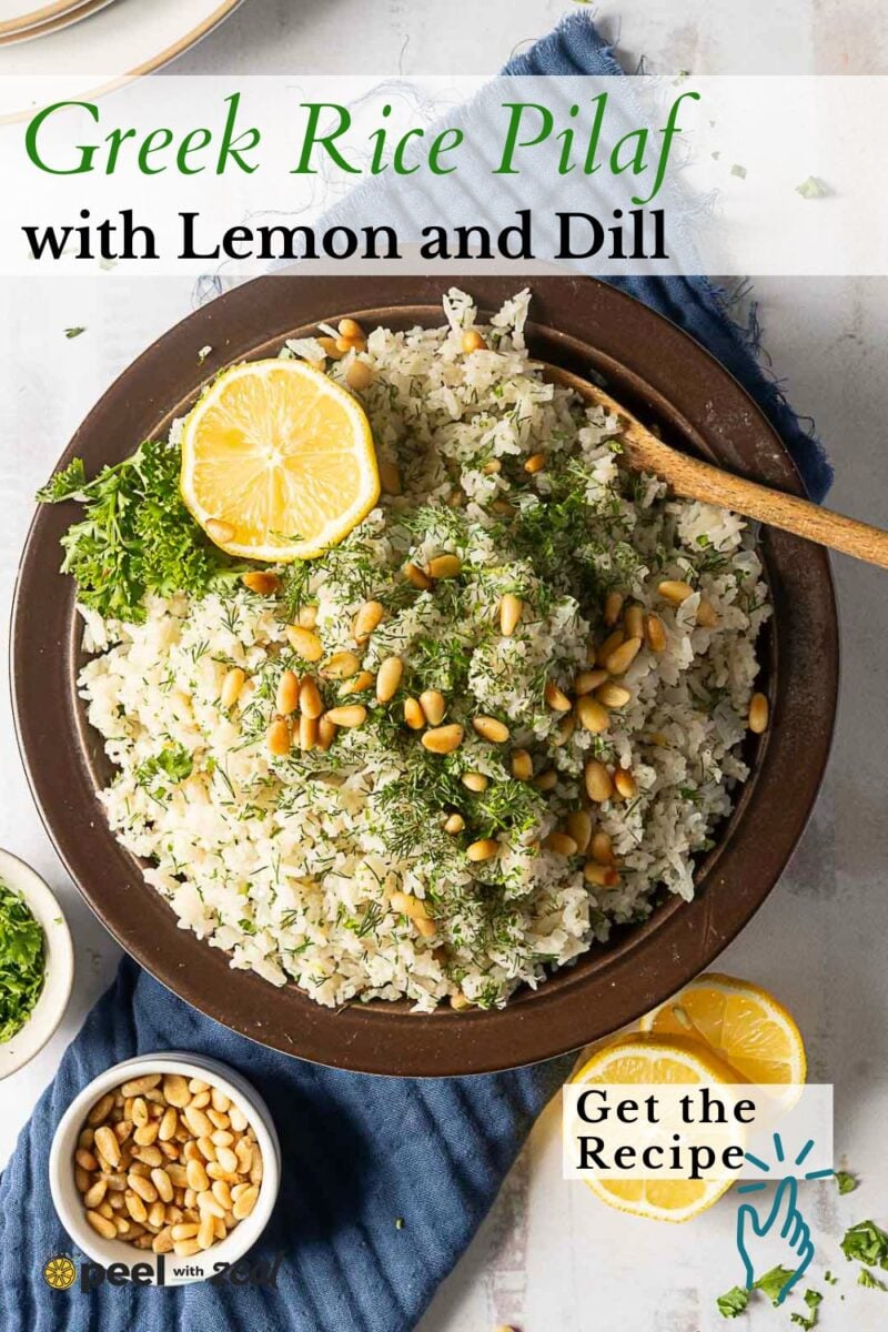 A bowl of Greek rice pilaf garnished with lemon, dill, and pine nuts sits on a table with a wooden spoon, lemon slices, and herbs nearby. Text overlays read “Greek Rice Pilaf with Lemon and Dill.”.