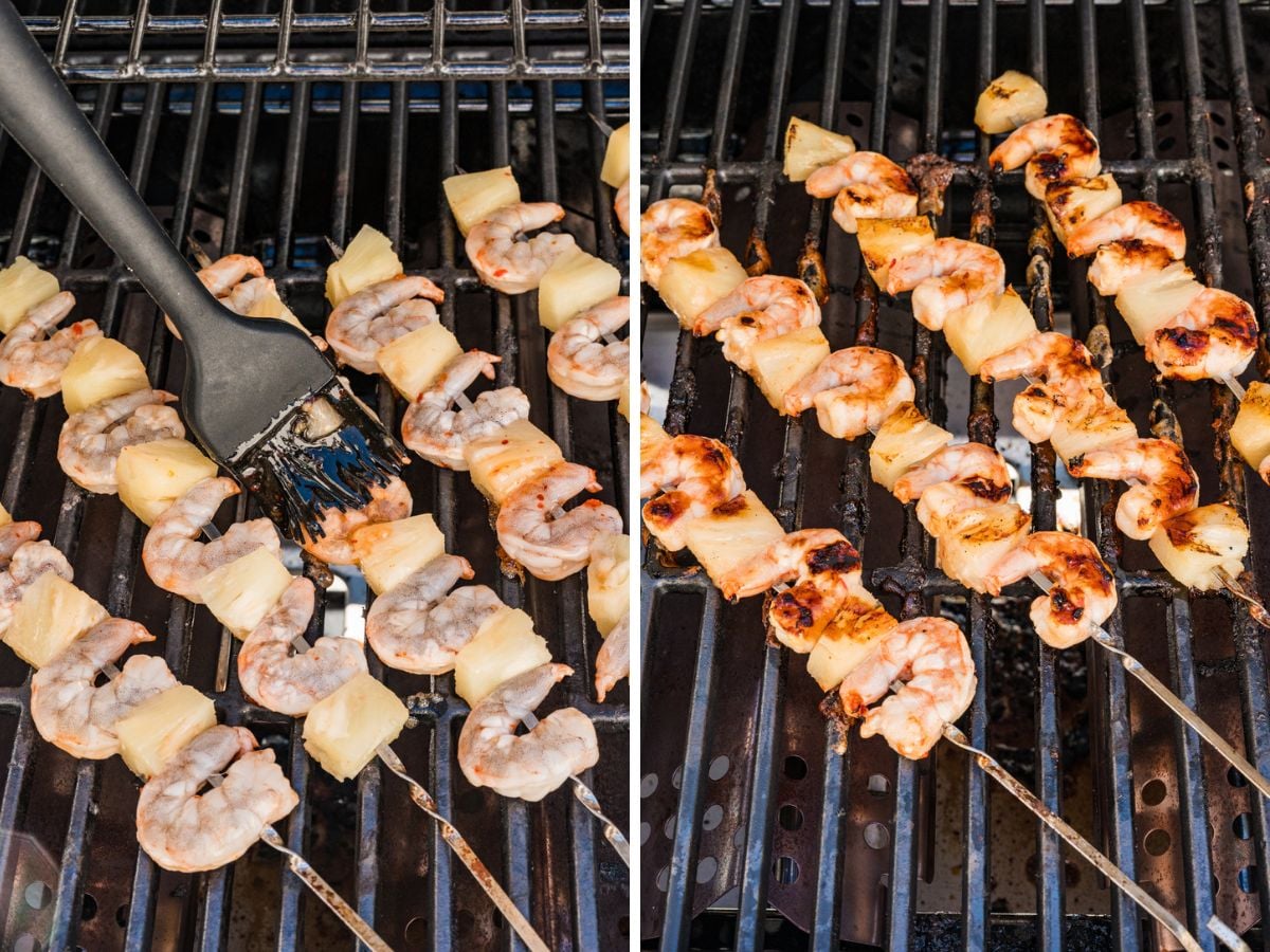 Two images of Shrimp Pineapple Skewers on a grill; the left shows brushing marinade on raw skewers, while the right displays the shrimp pineapple skewers cooked and slightly charred.