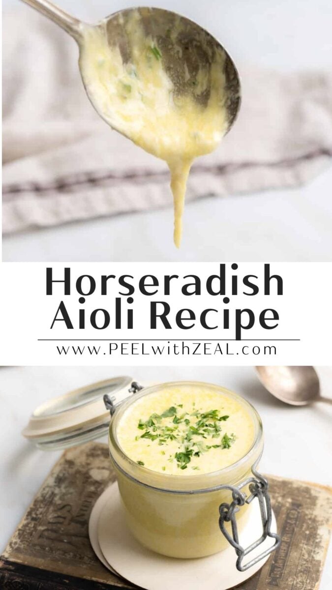 A spoon drizzles creamy horseradish aioli above a jar of the sauce, garnished with herbs, set on a rustic surface next to a spoon. Text reads "Horseradish Aioli Recipe.