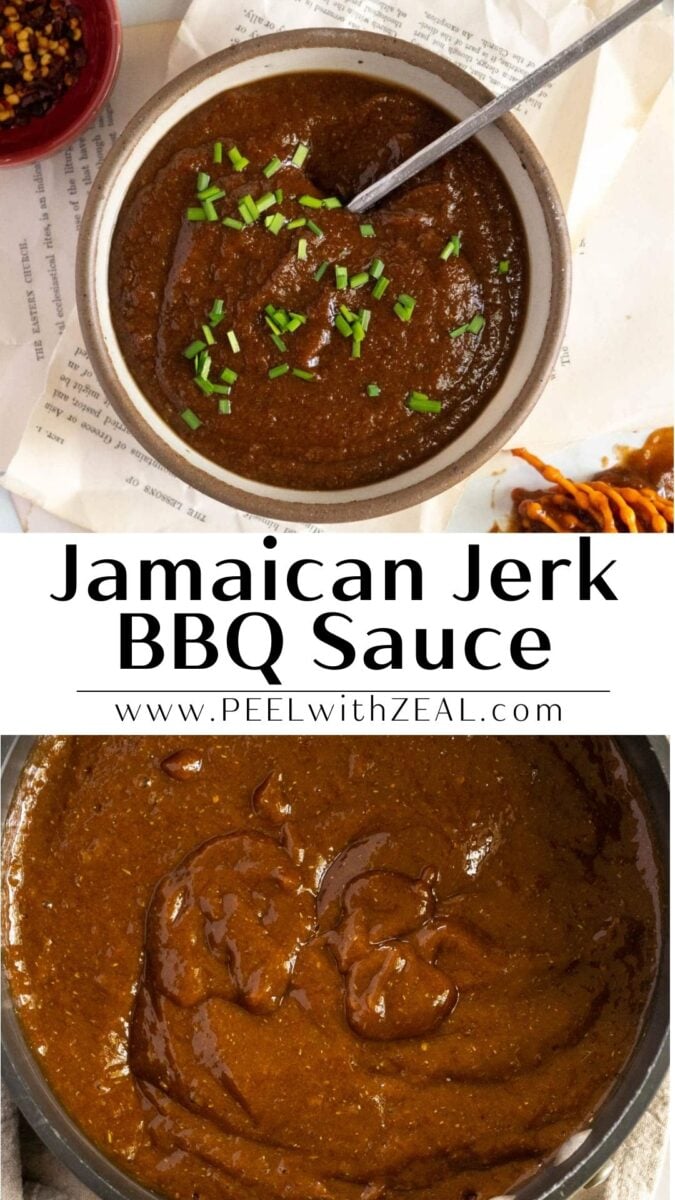 Two bowls of thick, dark Jamaican jerk BBQ sauce, one garnished with chopped herbs, displayed alongside text promoting the recipe.